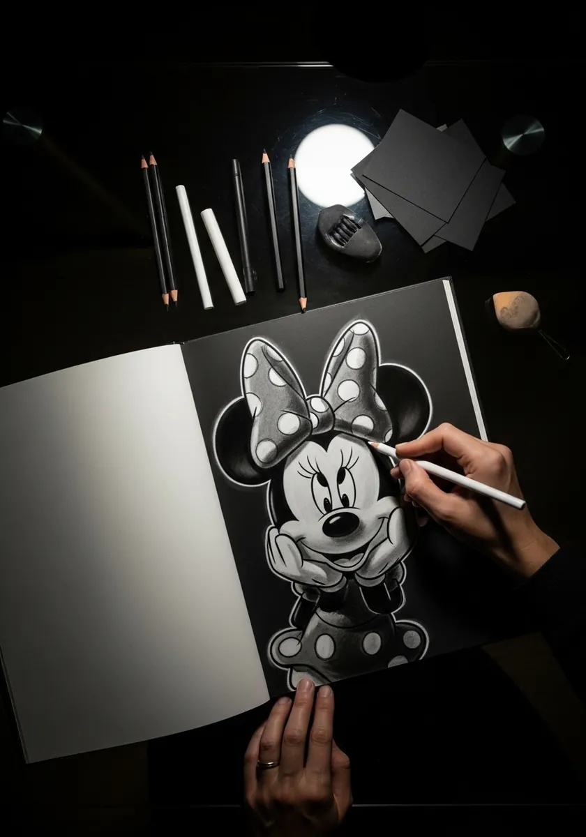 White pencil drawing of Minnie Mouse on black paper with soft highlights