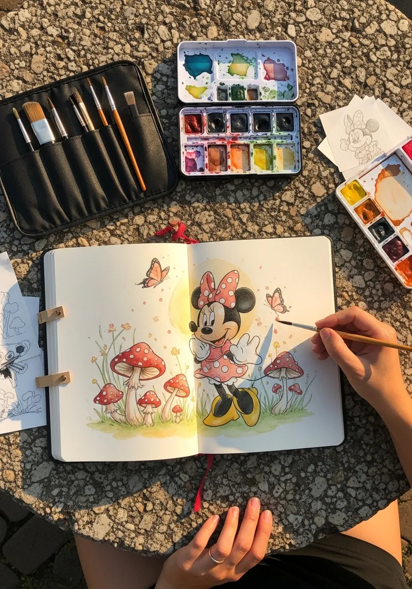 Watercolor Minnie Mouse in a garden of mushrooms and butterflies with soft color
