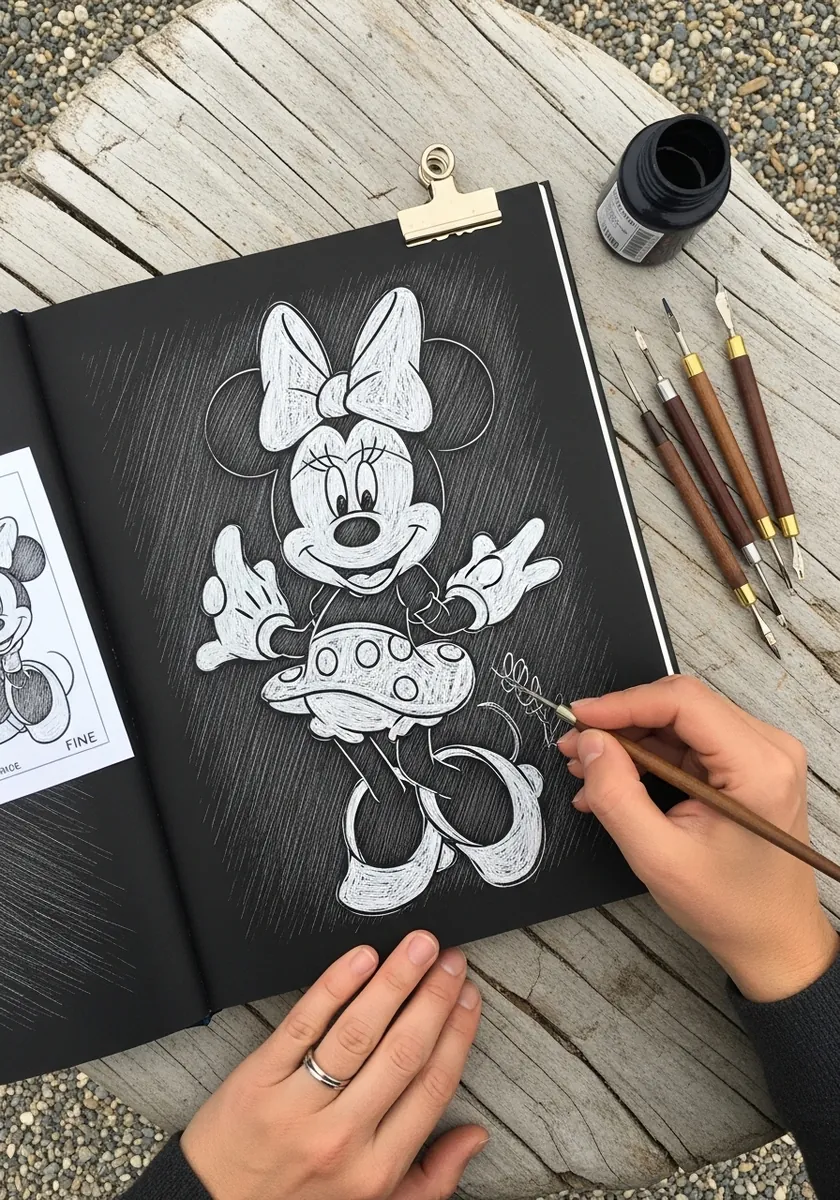 White charcoal Minnie Mouse drawn on textured black paper with visible grain