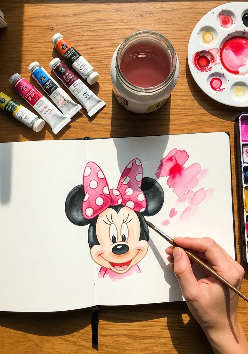 Watercolor Minnie Mouse head with a bright pink bow and loose pink background washes