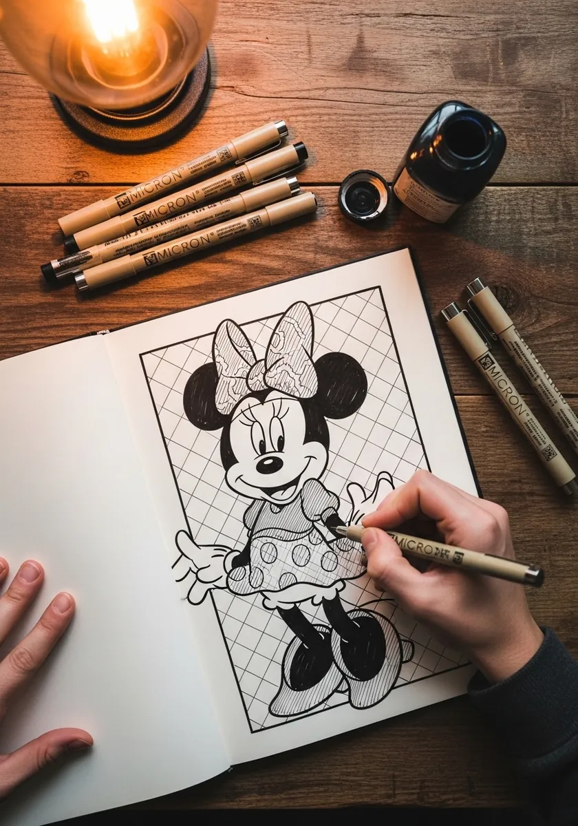 Ink drawing of Minnie Mouse in a polka dot dress over a light grid background