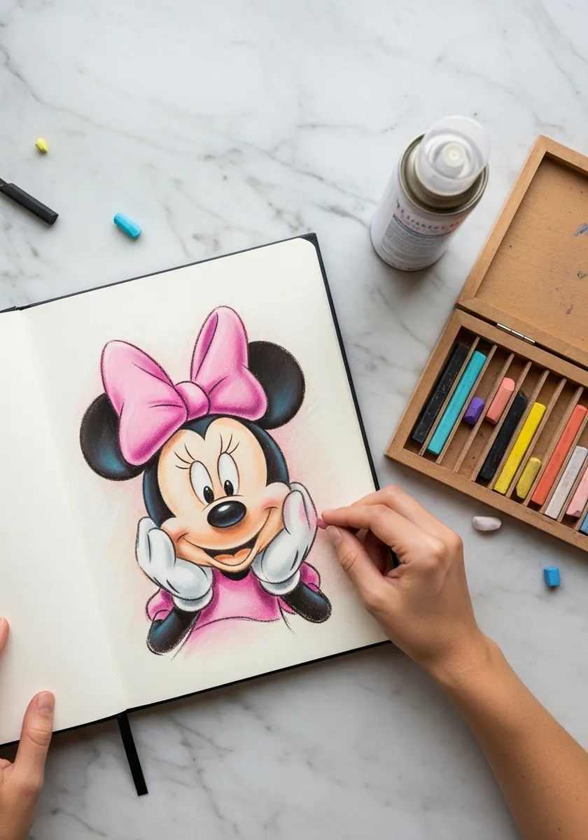 Marker drawing of a Minnie Mouse head with a very large soft pink bow