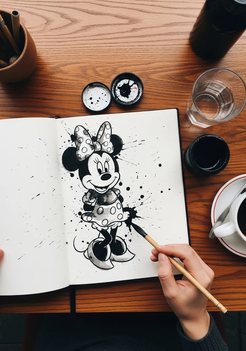 Bold black ink Minnie Mouse with dramatic ink splatter across the page