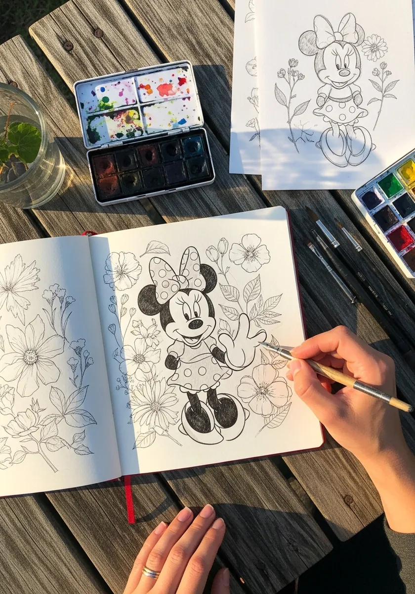 Fine pencil line drawing of Minnie Mouse surrounded by simple outlined flowers
