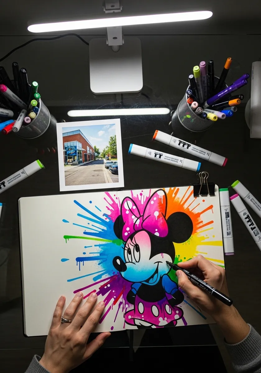 Vivid rainbow marker Minnie Mouse head with bright splattered color radiating outward