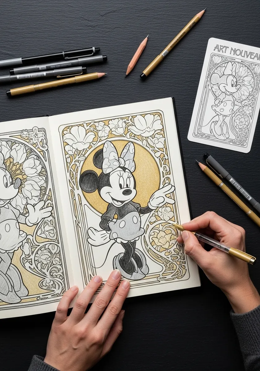 Minnie Mouse drawn inside an ornate art nouveau border with gold accents