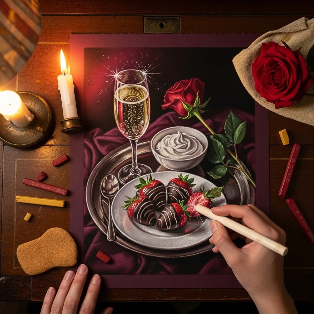 Pastel drawing of champagne, chocolate strawberries and a rose lit by candlelight