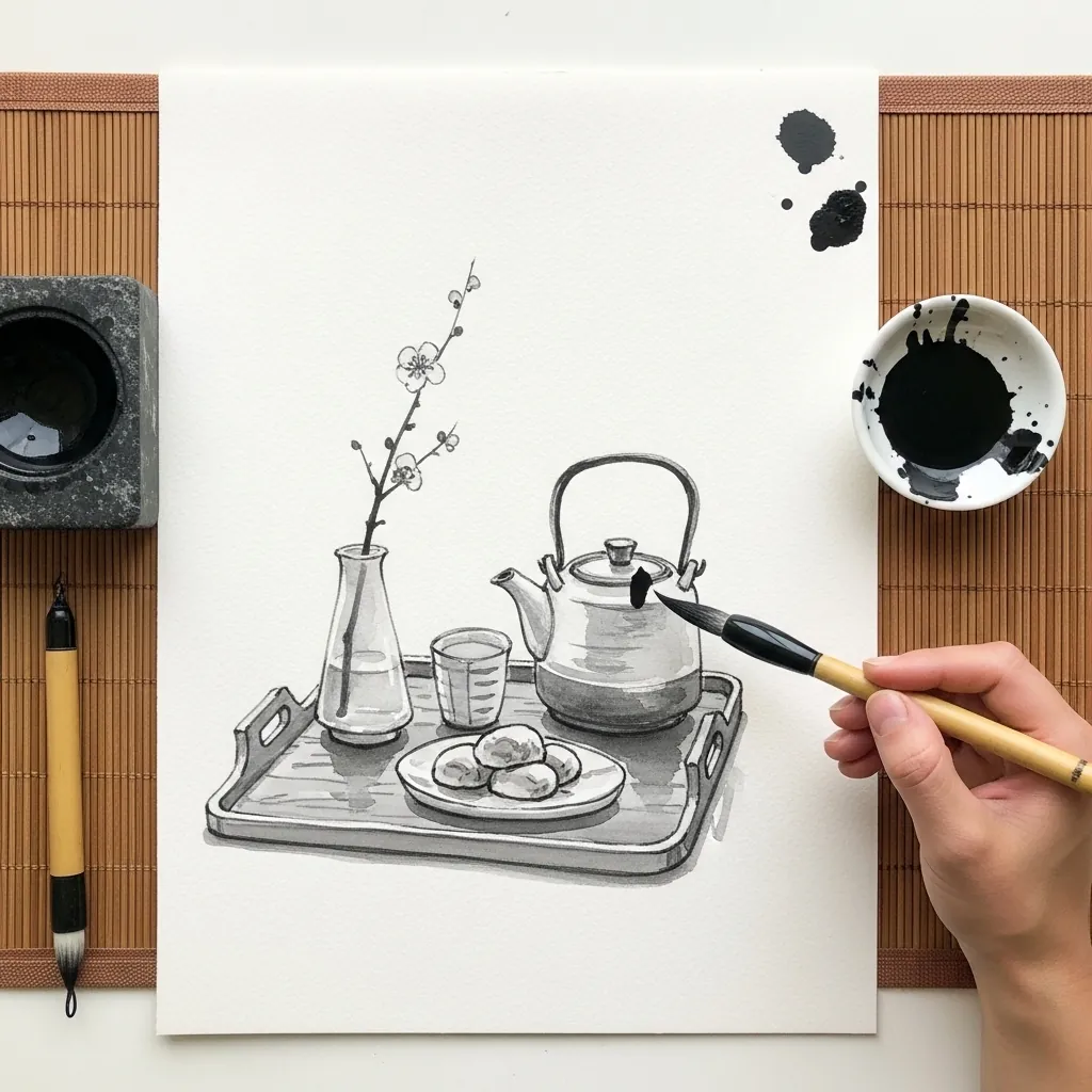 Minimal ink drawing of a teapot and small tray in a spare Japanese style