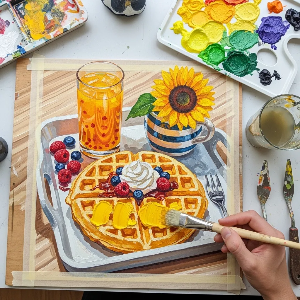 Bright gouache waffles topped with berries and cream beside orange juice and a sunflower