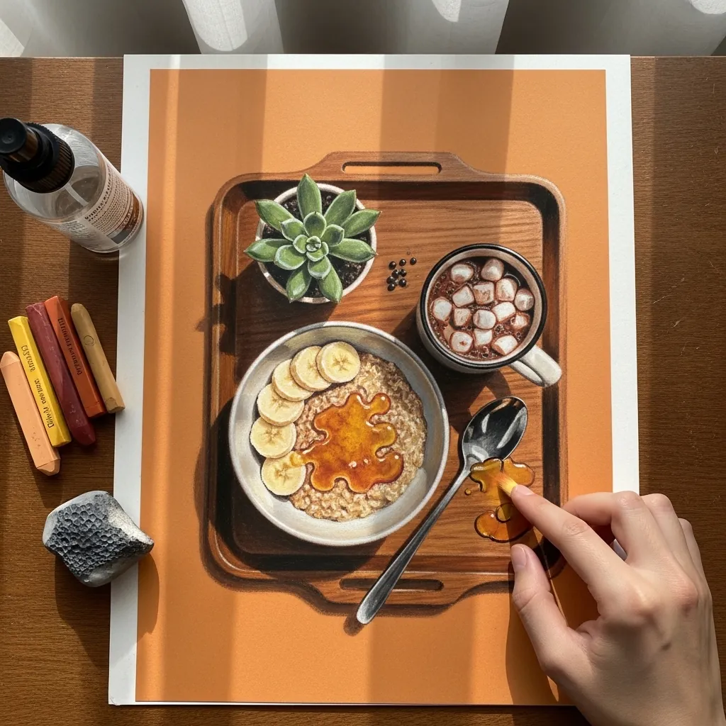 Colored pencil oatmeal, banana slices and hot cocoa on a wooden tray on kraft paper