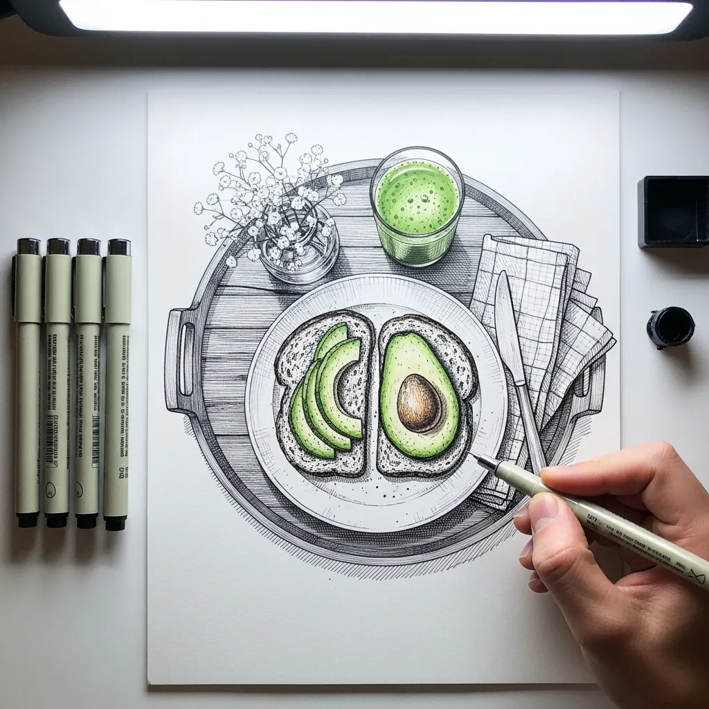 Detailed ink line drawing of avocado toast with a matcha latte on a round tray