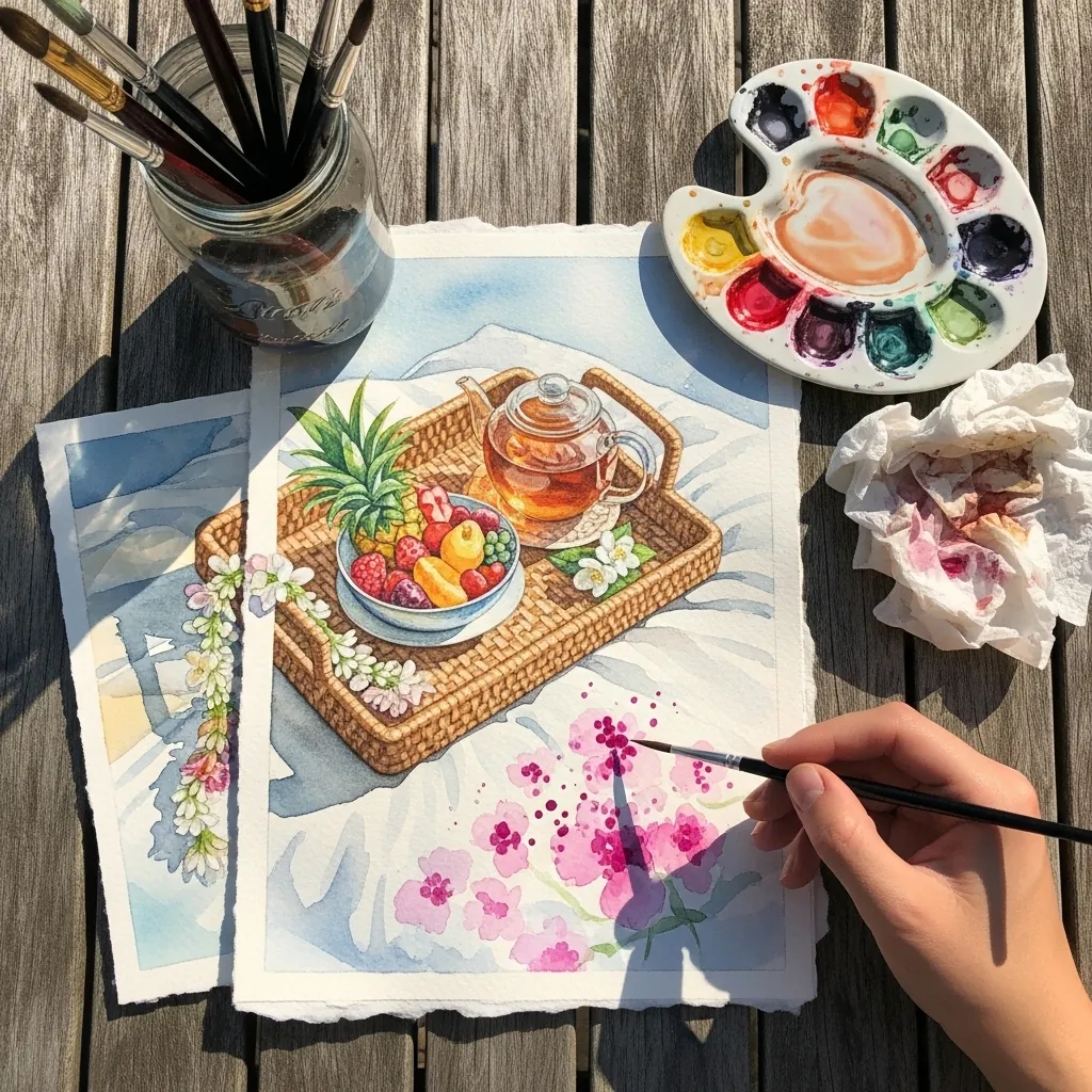 Watercolor wicker tray holding a glass teapot and fresh fruit with flowers scattered