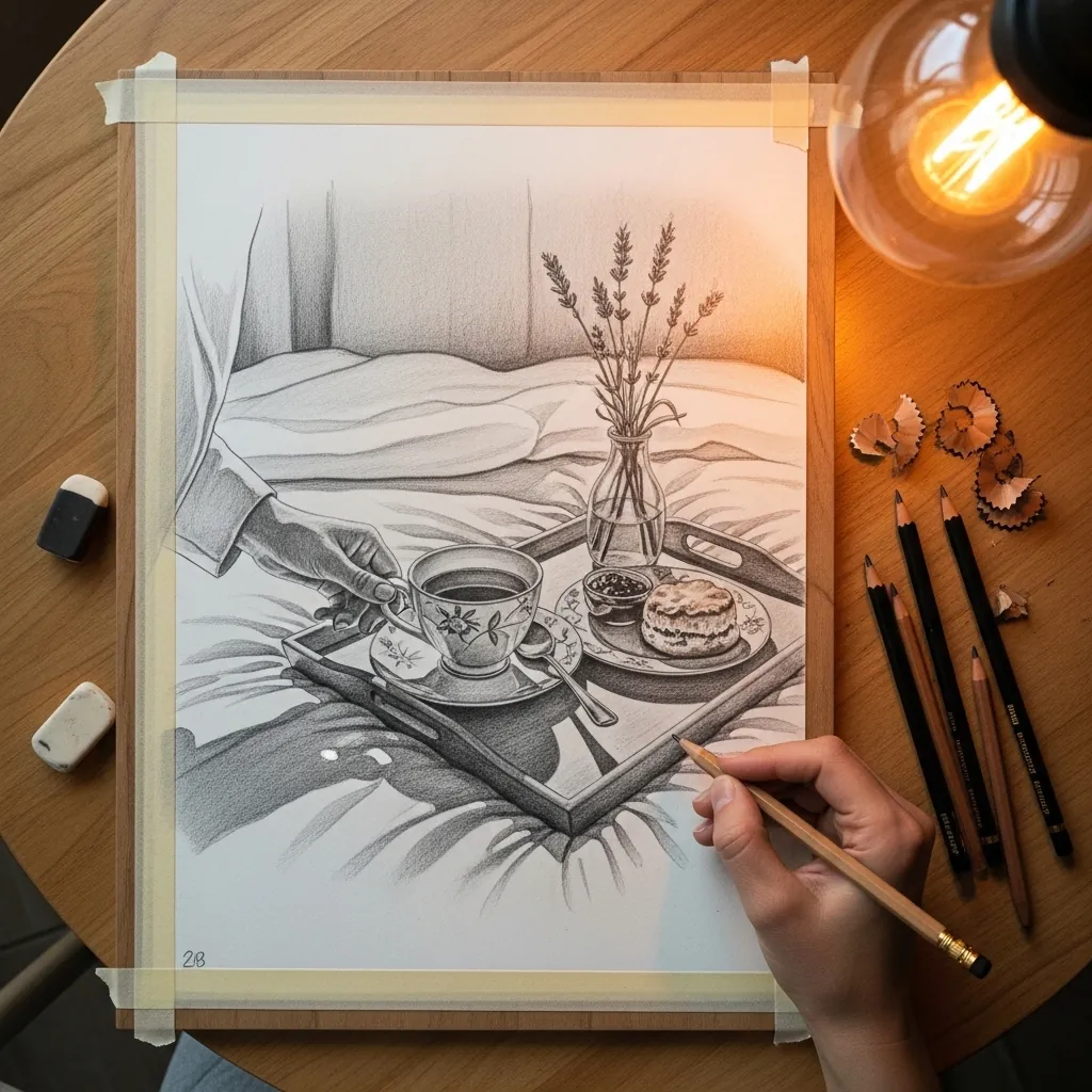 Soft graphite breakfast tray with lavender stems on rumpled bedding in low light