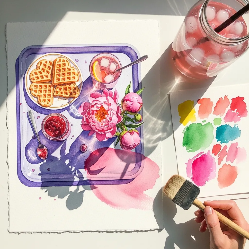 Watercolor purple tray with waffles, jam and pink peonies against a soft wash