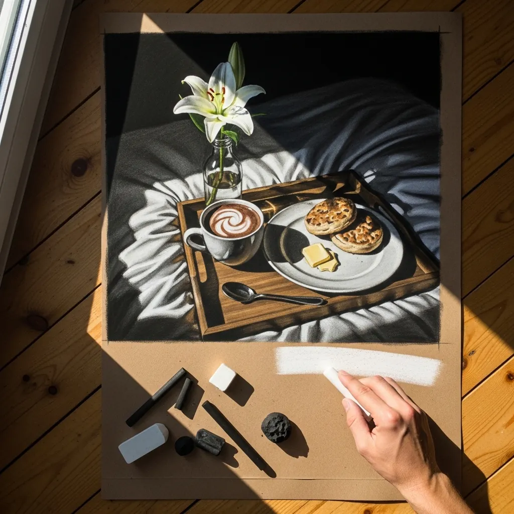 Soft pastel breakfast tray with a white lily on dark bedding in dim morning light
