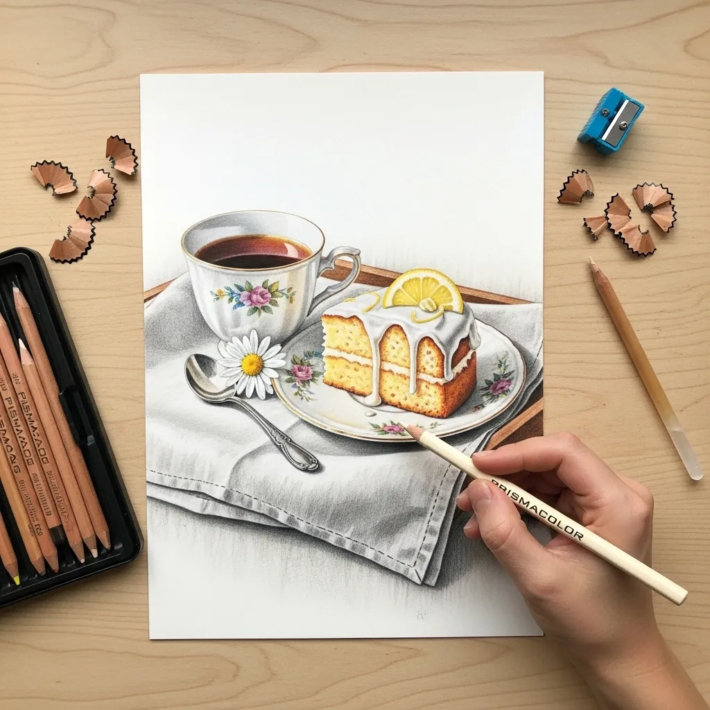 Colored pencil teacup, lemon cake slice and a daisy on a white cloth