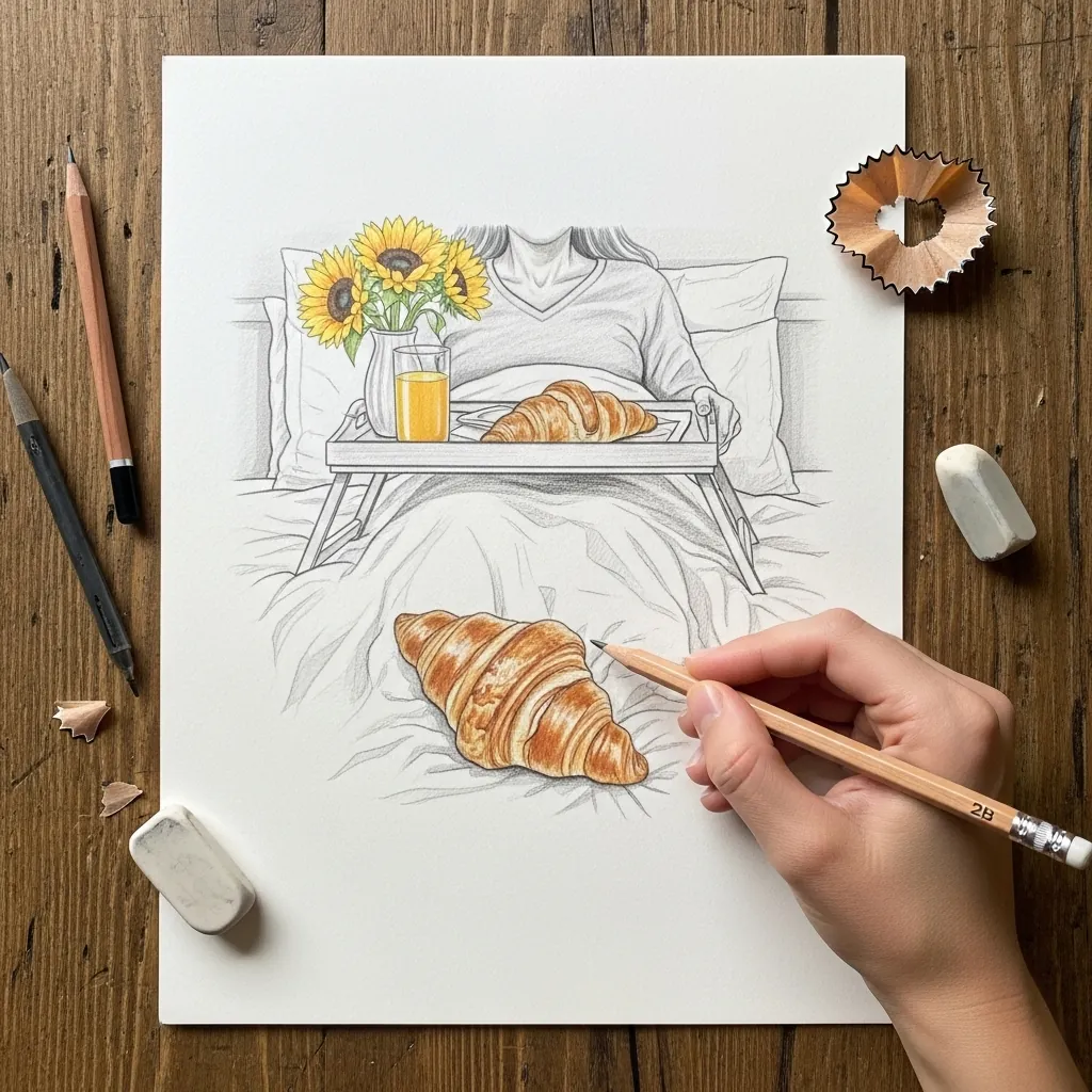 Clean pencil outline of a breakfast tray with a croissant and sunflowers on a bed