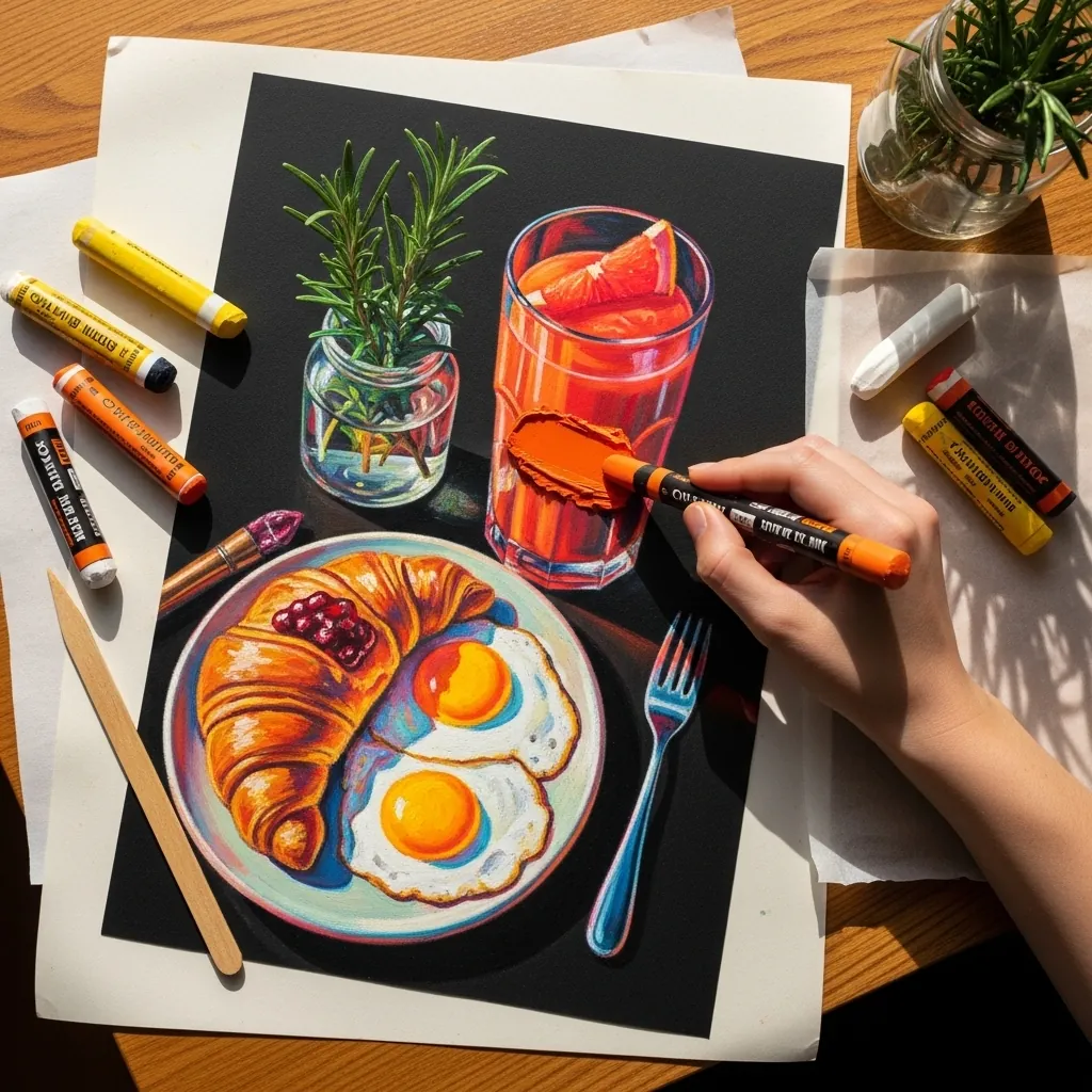 Oil pastel croissant, fried eggs and juice drawn boldly on black paper