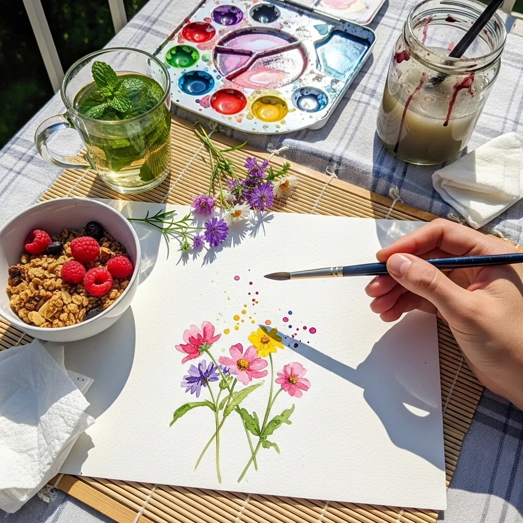 Watercolor wildflowers painted beside an actual bowl of granola and berries