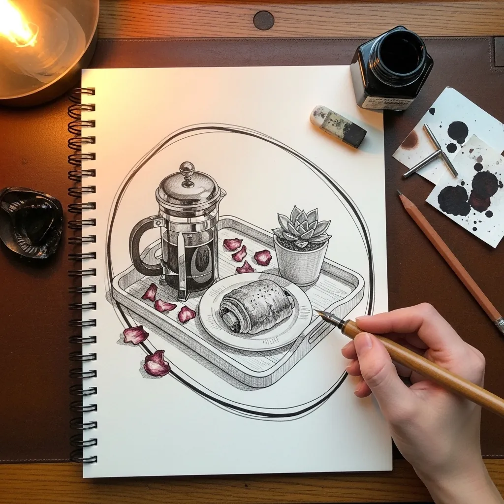 Loose ink sketchbook drawing of a french press and rosebuds on an oval tray