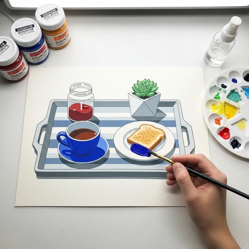 Flat gouache tray with striped pattern holding tea, toast and a small succulent
