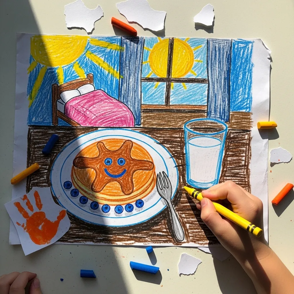 Child style crayon drawing of breakfast in bed with a sun and a bedroom window