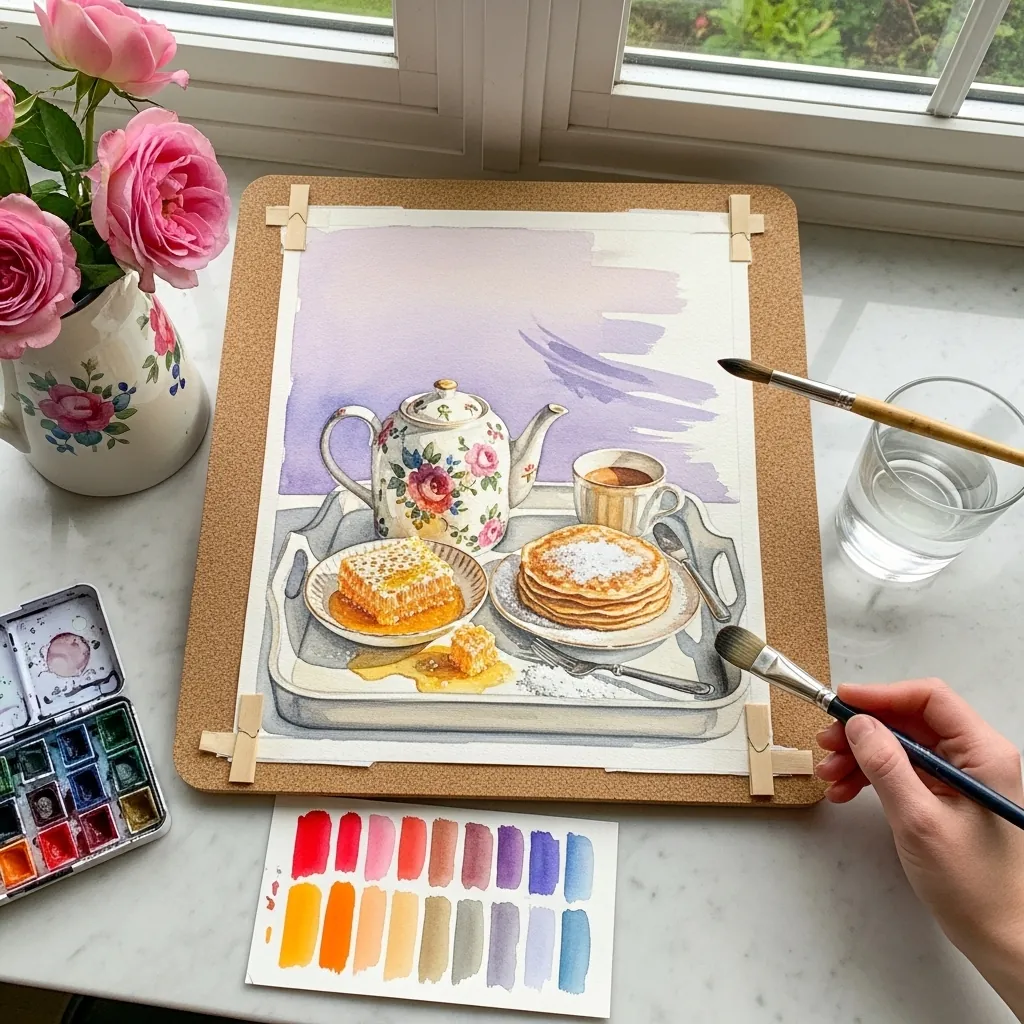 Watercolor teapot and stacked pancakes on a board with pink roses nearby