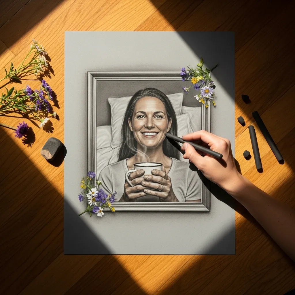 Framed graphite portrait of a woman sitting in bed holding a warm mug