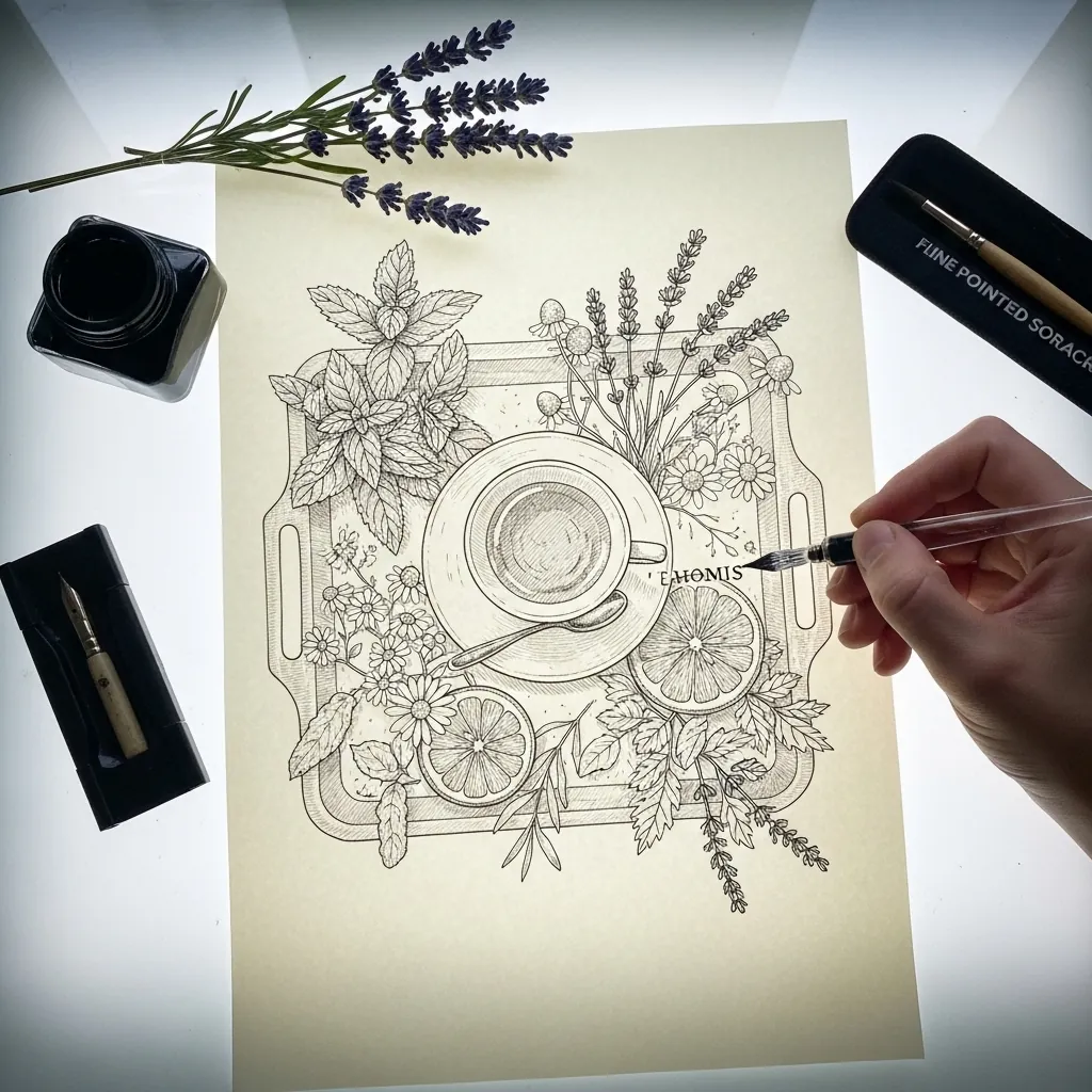 Fine ink botanical wreath of herbs and lemons surrounding a cup of coffee