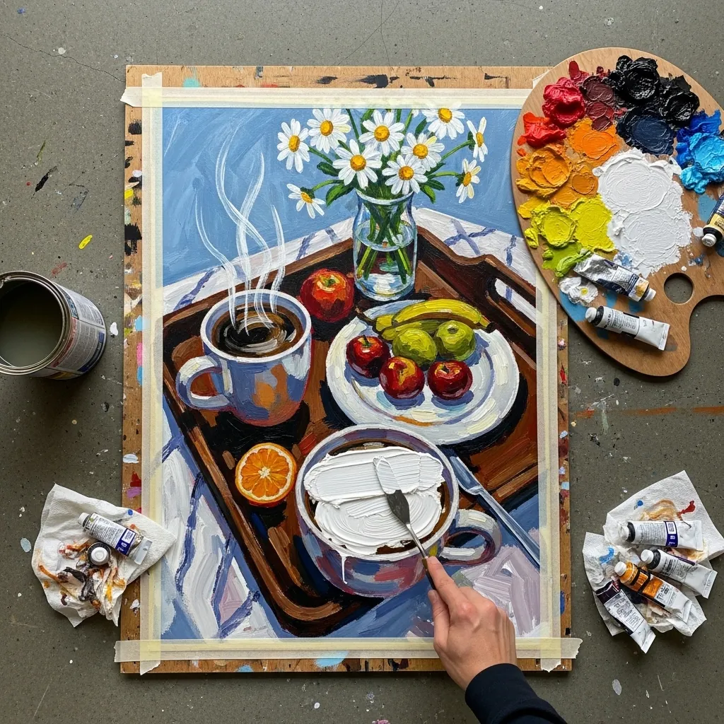 Acrylic breakfast tray with daisies, fruit and coffee painted with visible brushwork