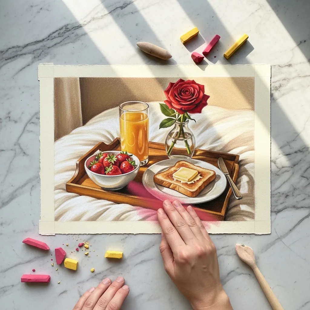 Colored pencil breakfast tray with orange juice, toast, strawberries and a red rose