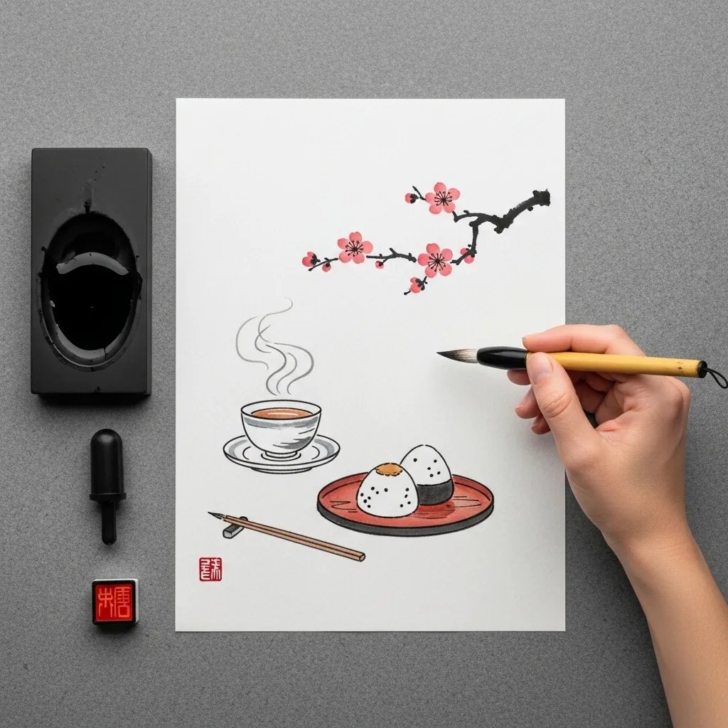 Minimal sumi-e tea cup with mochi and a cherry blossom branch with a red seal