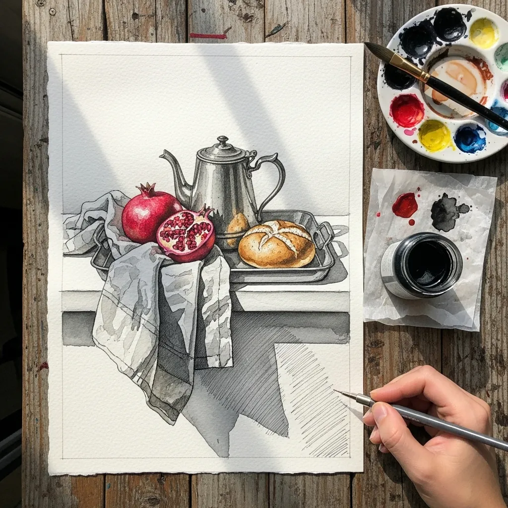 Graphite still life of a silver teapot, pomegranates and bread with draped cloth