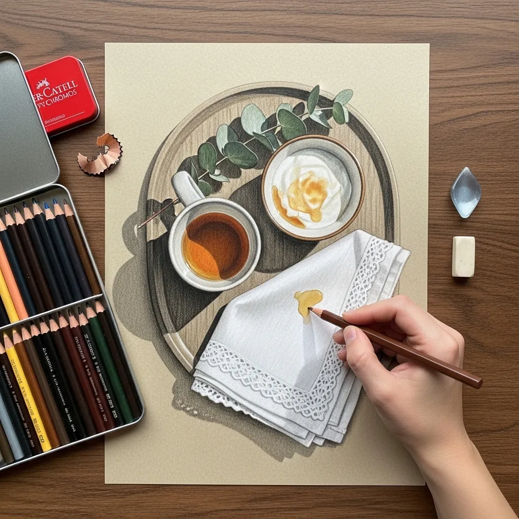 Colored pencil coffee, cream and eucalyptus sprigs arranged on a lace cloth