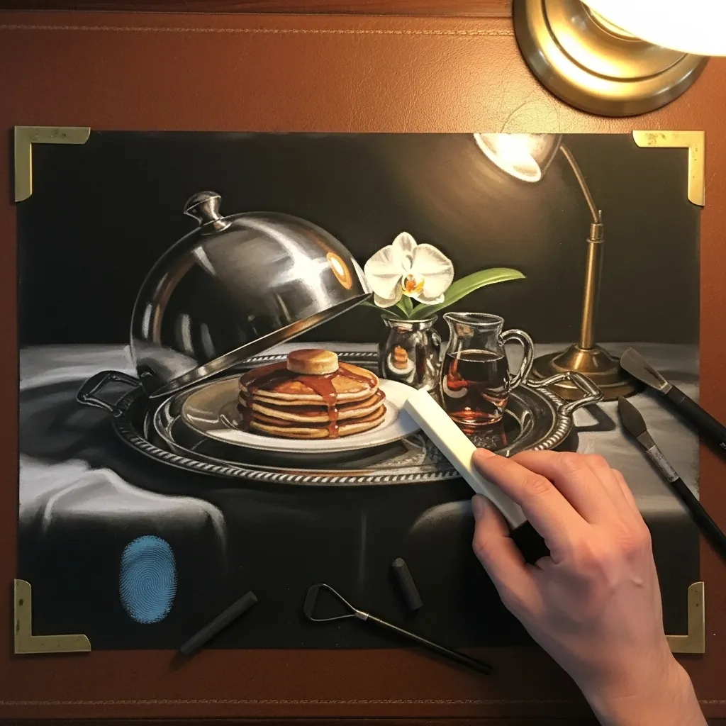 Dramatic pastel drawing of a silver cloche lifted over pancakes under a lamp