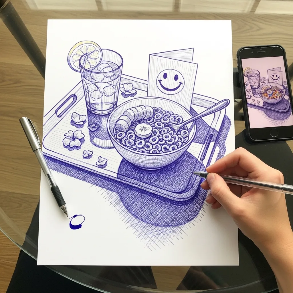 Blue ballpoint pen drawing of a breakfast tray with cereal, a card and a phone