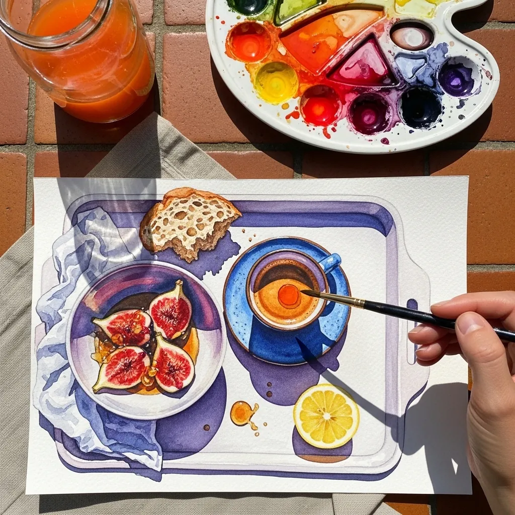 Watercolor figs, bread and coffee arranged on a deep purple tray with lemon