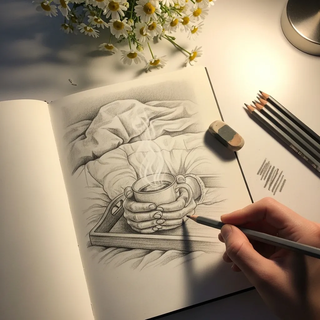 Loose graphite sketch of a breakfast tray resting on rumpled white bedding