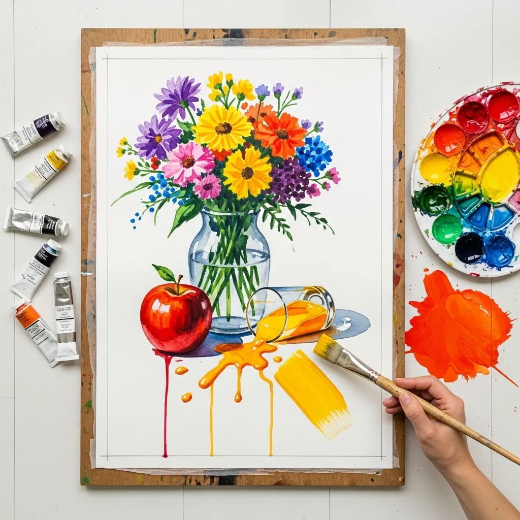 Vivid gouache vase of mixed flowers beside a red apple and a glass of juice