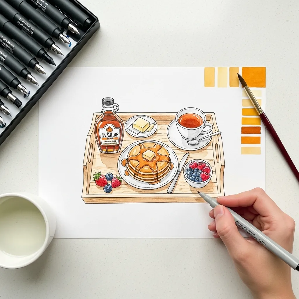 Marker drawing of a breakfast tray with pancakes and tea beside painted swatches
