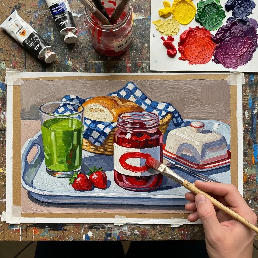 Acrylic breakfast tray with jam, bread, green juice and a blue gingham cloth