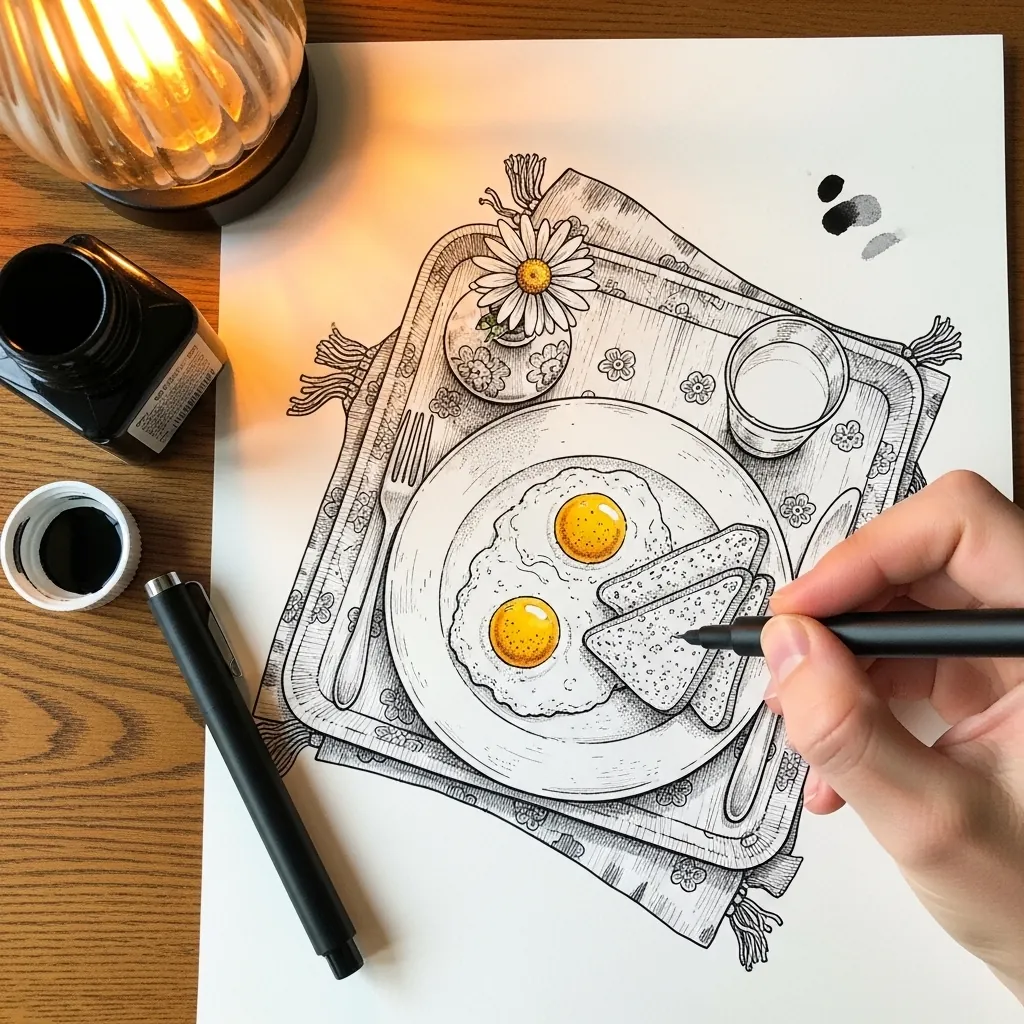 Fine ink line drawing of a patterned tray holding fried eggs, toast and a daisy