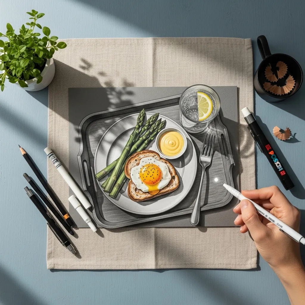 Graphite and marker tray with asparagus, egg on toast and lemon water on linen