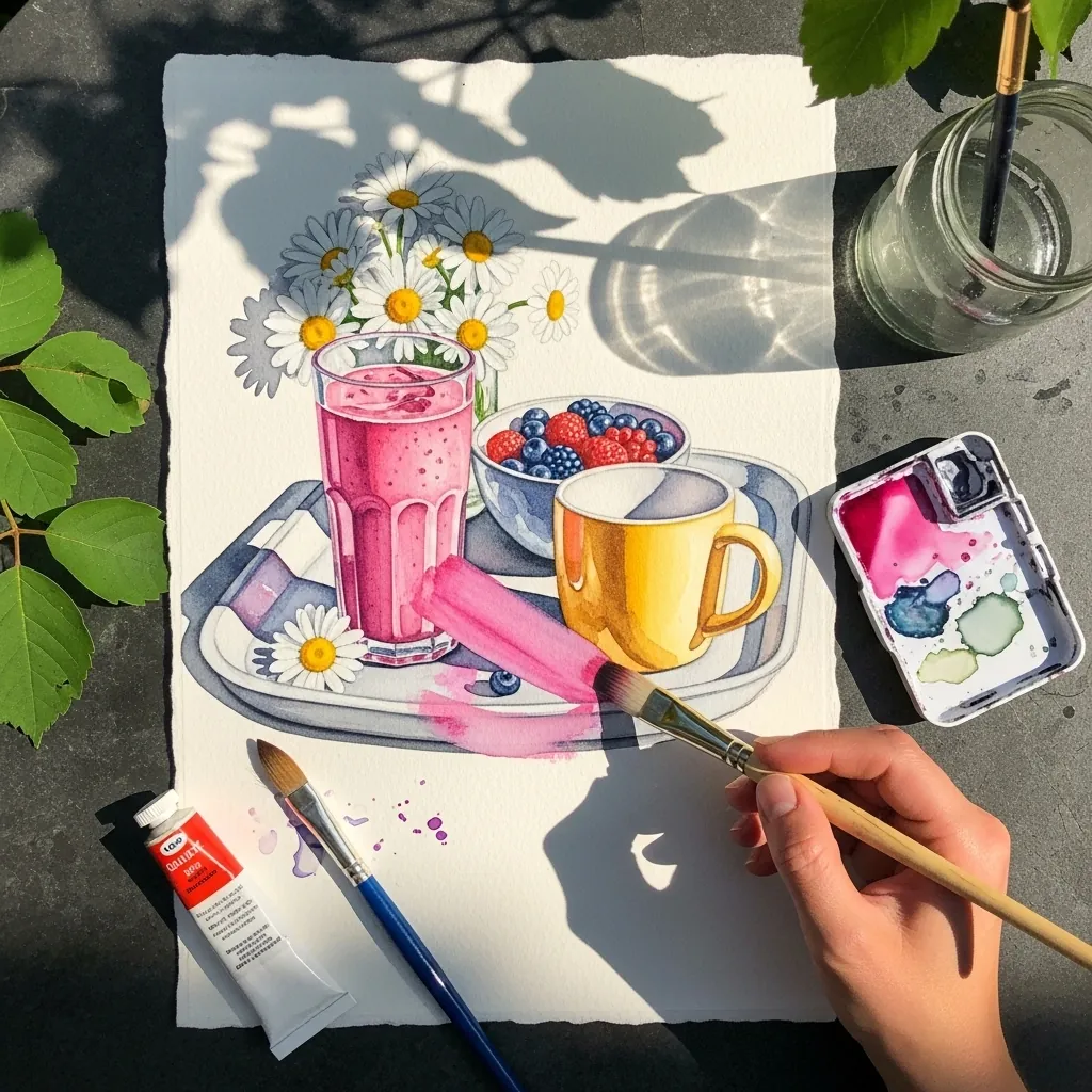 Gouache tray with a pink smoothie, berries, daisies and a yellow mug in sunlight