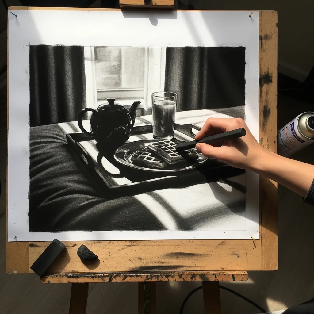 Charcoal drawing of a teapot and tray in a dim bedroom with a bright window