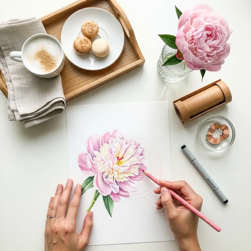 Marker drawing of a pink peony beside a tray of macarons and coffee