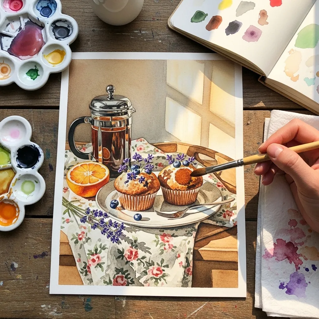 Watercolor french press, muffins and oranges arranged on a floral patterned cloth