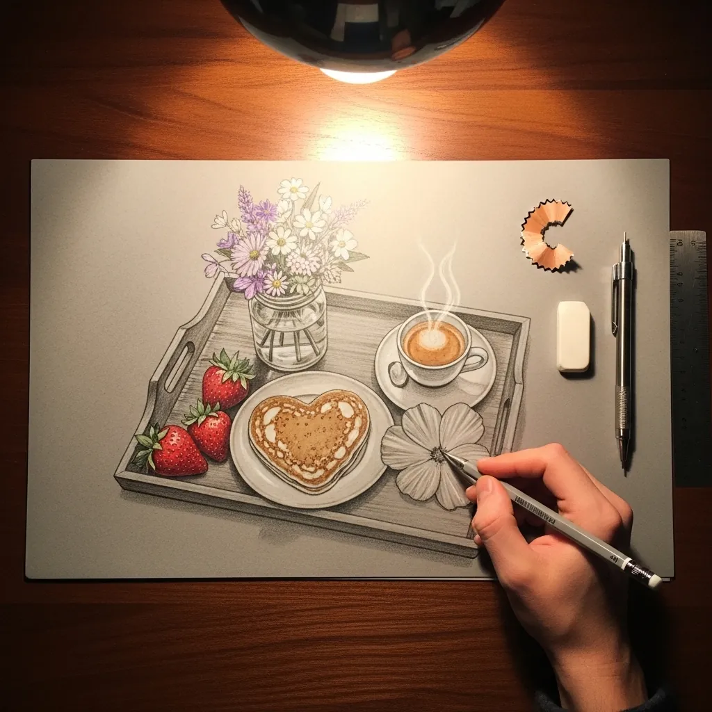 Graphite drawing of a heart shaped pancake, coffee and strawberries with flowers