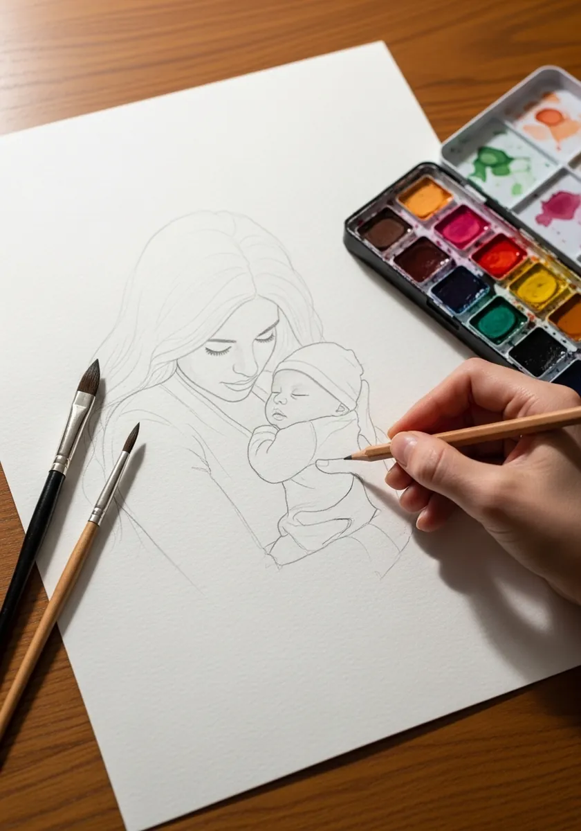 Light pencil outline of a mother cradling a baby drawn on watercolor paper