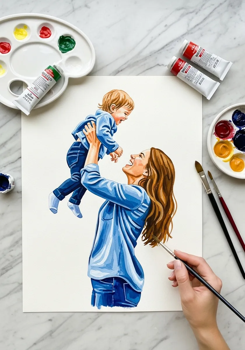 Marker drawing of a mother in blue lifting a laughing toddler above her head